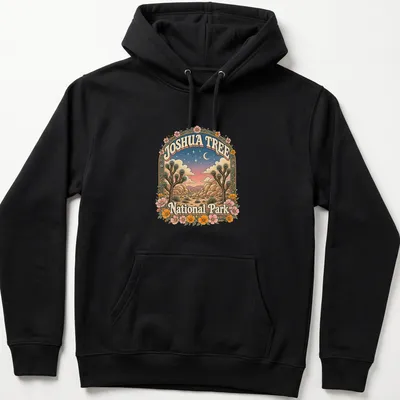 Vintage illustration of Joshua Tree National Park with colorful landscapes — printed on a unisex hoodie