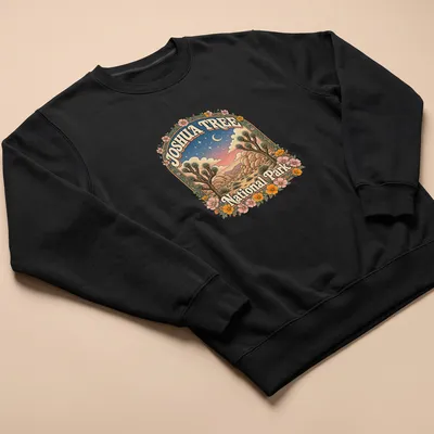 Vintage illustration of Joshua Tree National Park with colorful landscapes — printed on a unisex sweatshirt