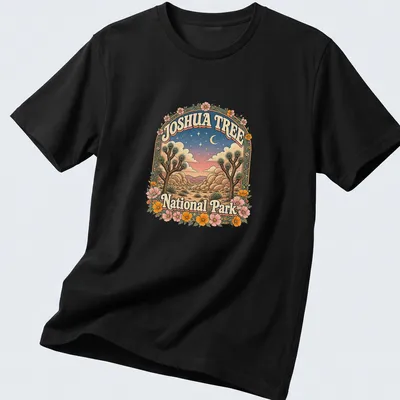Vintage illustration of Joshua Tree National Park with colorful landscapes — printed on a unisex t-shirt
