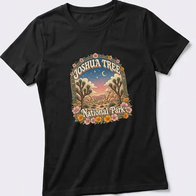 Vintage illustration of Joshua Tree National Park with colorful landscapes — printed on a women's shirt