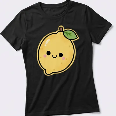 Cute cartoon lemon character with a happy face and colorful accents — printed on a women's shirt