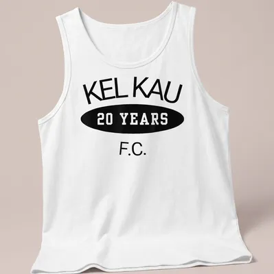 Bold typography shirt featuring Kel Kau F.C. 20 Years in black and white — printed on a tank top