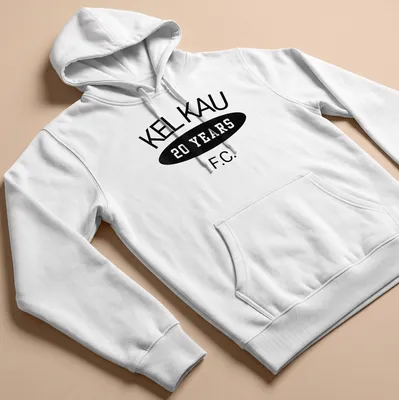Bold typography shirt featuring Kel Kau F.C. 20 Years in black and white — printed on a unisex hoodie