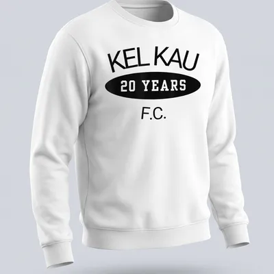 Bold typography shirt featuring Kel Kau F.C. 20 Years in black and white — printed on a unisex sweatshirt