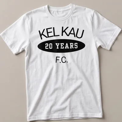 Bold typography shirt featuring Kel Kau F.C. 20 Years in black and white