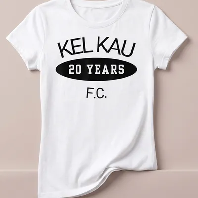 Bold typography shirt featuring Kel Kau F.C. 20 Years in black and white — printed on a women's shirt