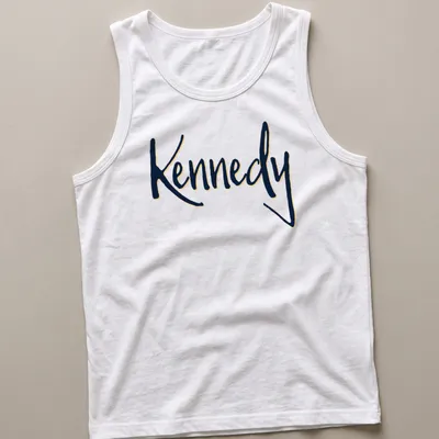 Elegant script shirt featuring the name Kennedy in gold on navy blue — printed on a tank top