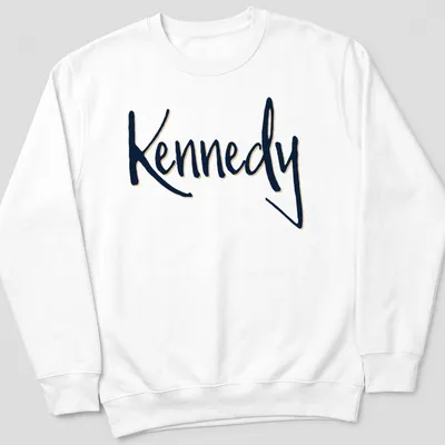 Elegant script shirt featuring the name Kennedy in gold on navy blue — printed on a unisex sweatshirt