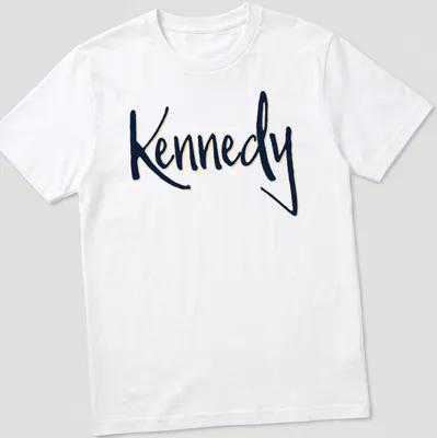 Elegant script shirt featuring the name Kennedy in gold on navy blue — printed on a unisex t-shirt