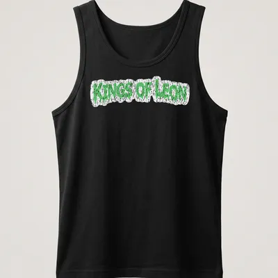 Grunge-style Kings Of Leon t-shirt with green dripping text design — printed on a tank top