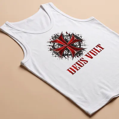 Gothic distressed Knight Templar Cross with 'DEUS VULT' text in red, black, and white — printed on a tank top