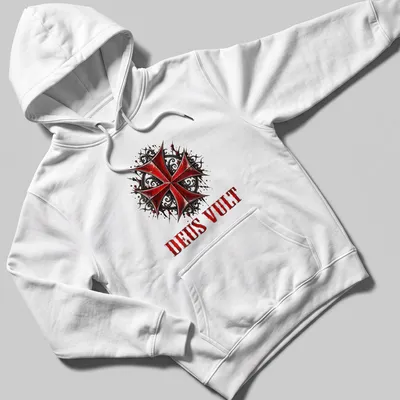 Gothic distressed Knight Templar Cross with 'DEUS VULT' text in red, black, and white — printed on a unisex hoodie