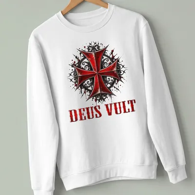 Gothic distressed Knight Templar Cross with 'DEUS VULT' text in red, black, and white — printed on a unisex sweatshirt