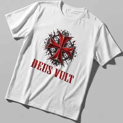 Gothic distressed Knight Templar Cross with 'DEUS VULT' text in red, black, and white
