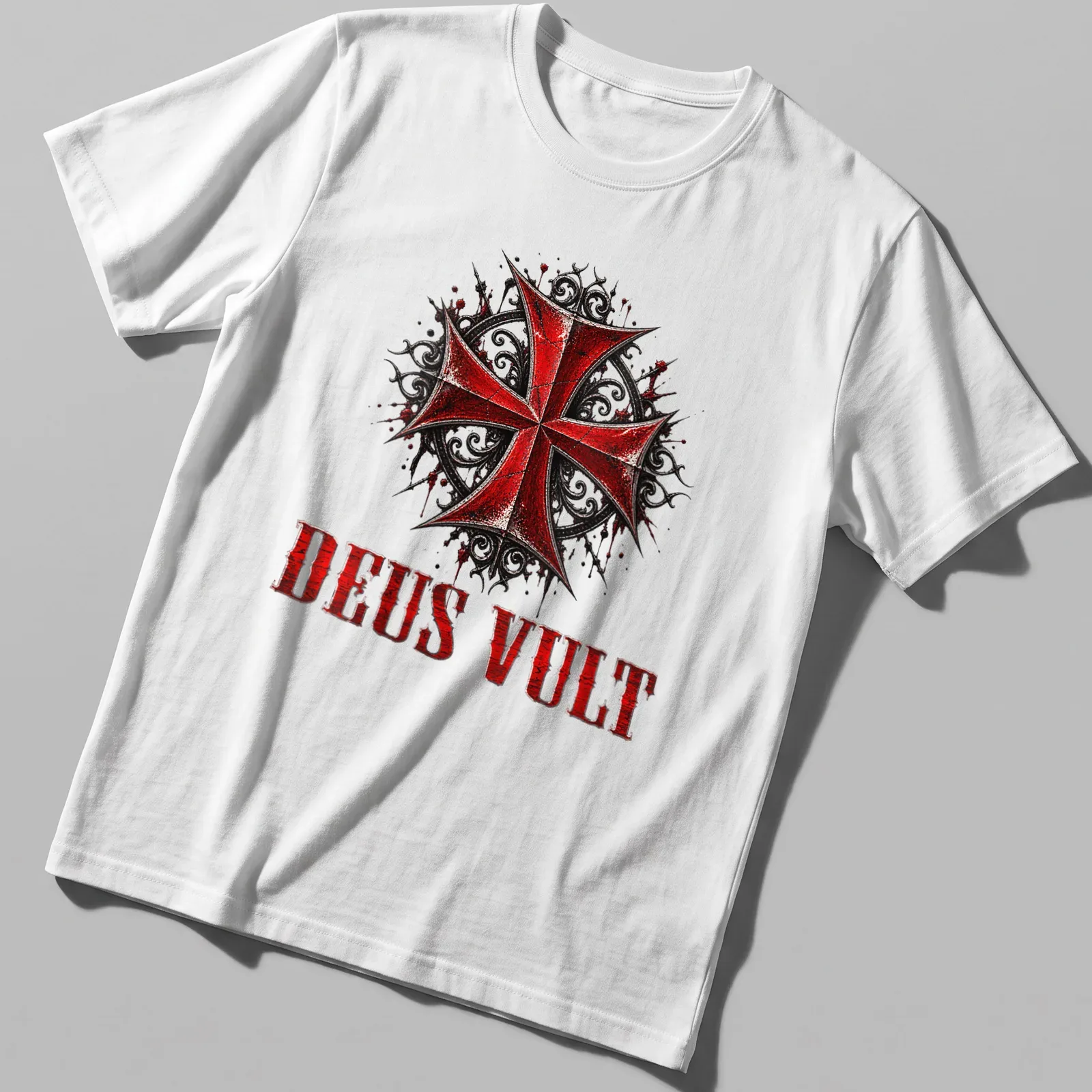 Gothic distressed Knight Templar Cross with 'DEUS VULT' text in red, black, and white — printed on a unisex t-shirt