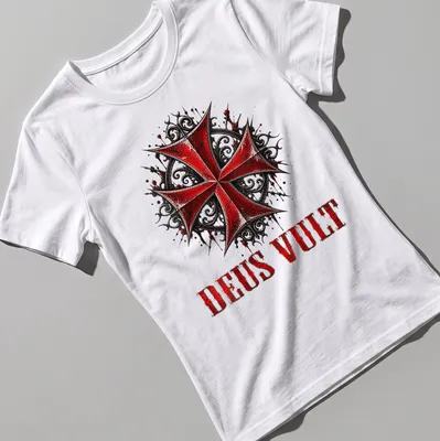 Gothic distressed Knight Templar Cross with 'DEUS VULT' text in red, black, and white — printed on a women's shirt