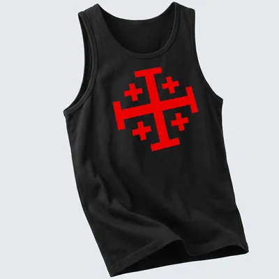 Bold red Knight Templar Jerusalem Cross with the phrase Make No Peace With Evil — printed on a tank top