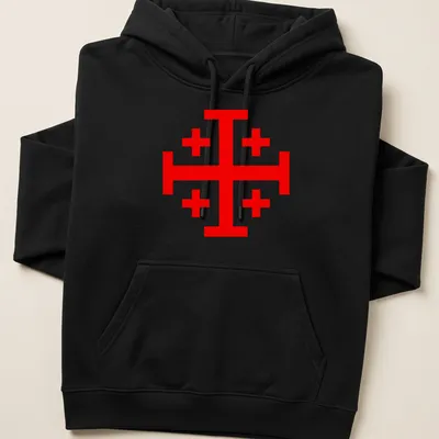 Bold red Knight Templar Jerusalem Cross with the phrase Make No Peace With Evil — printed on a unisex hoodie