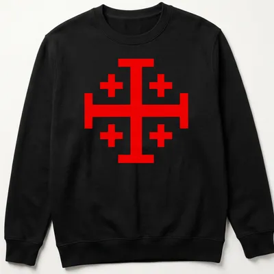 Bold red Knight Templar Jerusalem Cross with the phrase Make No Peace With Evil — printed on a unisex sweatshirt