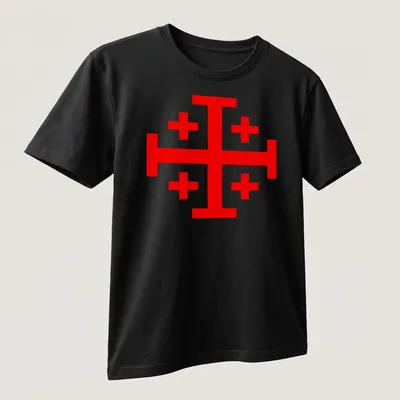Bold red Knight Templar Jerusalem Cross with the phrase Make No Peace With Evil — printed on a unisex t-shirt (angled view)