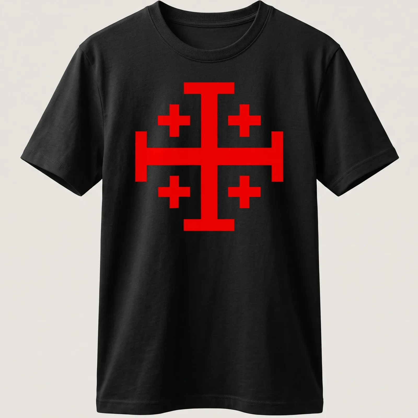 Bold red Knight Templar Jerusalem Cross with the phrase Make No Peace With Evil — printed on a unisex t-shirt