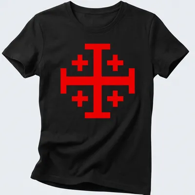 Bold red Knight Templar Jerusalem Cross with the phrase Make No Peace With Evil — printed on a women's shirt