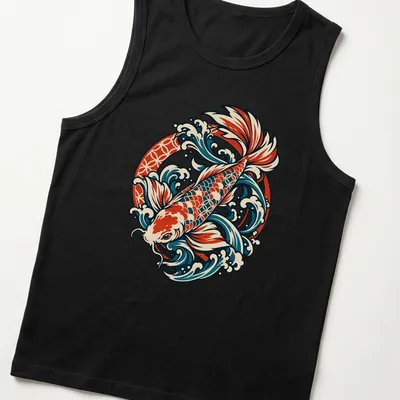 Japanese traditional illustration of a koi fish swimming in waves — printed on a tank top