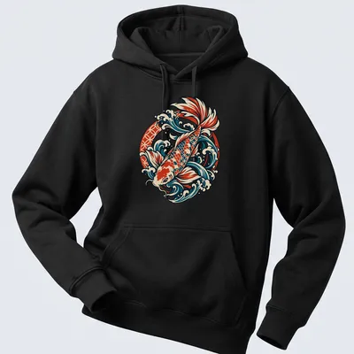 Japanese traditional illustration of a koi fish swimming in waves — printed on a unisex hoodie