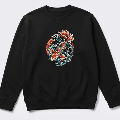 Japanese traditional illustration of a koi fish swimming in waves — printed on a unisex sweatshirt