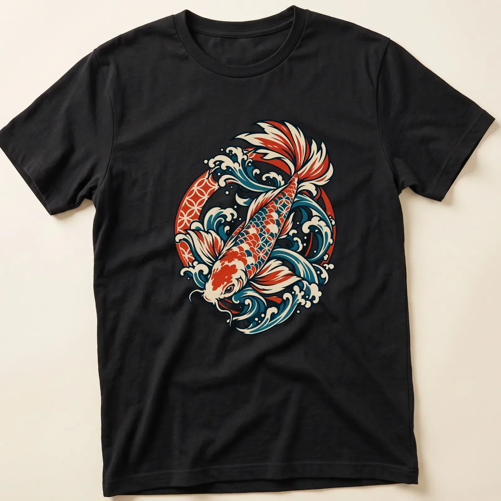 Japanese traditional illustration of a koi fish swimming in waves — printed on a unisex t-shirt