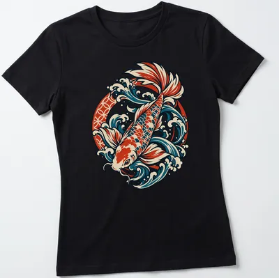 Japanese traditional illustration of a koi fish swimming in waves — printed on a women's shirt