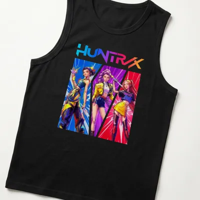 Retro print of Kpop Demon Hunters with bold HUNTRX text in vibrant colors — printed on a tank top
