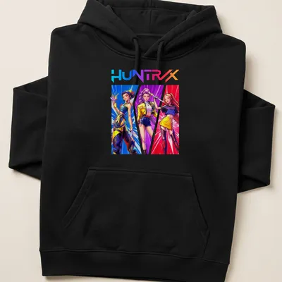 Retro print of Kpop Demon Hunters with bold HUNTRX text in vibrant colors — printed on a unisex hoodie