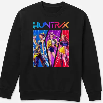 Retro print of Kpop Demon Hunters with bold HUNTRX text in vibrant colors — printed on a unisex sweatshirt