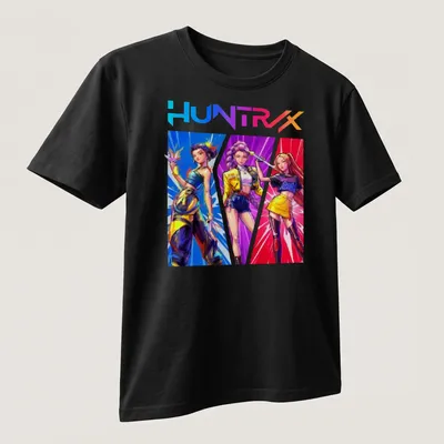 Retro print of Kpop Demon Hunters with bold HUNTRX text in vibrant colors — printed on a unisex t-shirt (angled view)