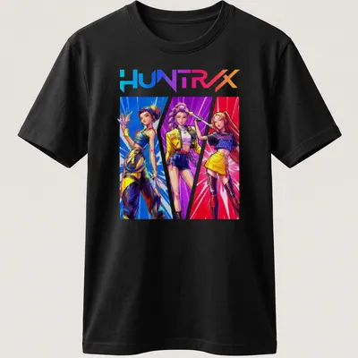 Retro print of Kpop Demon Hunters with bold HUNTRX text in vibrant colors — printed on a unisex t-shirt