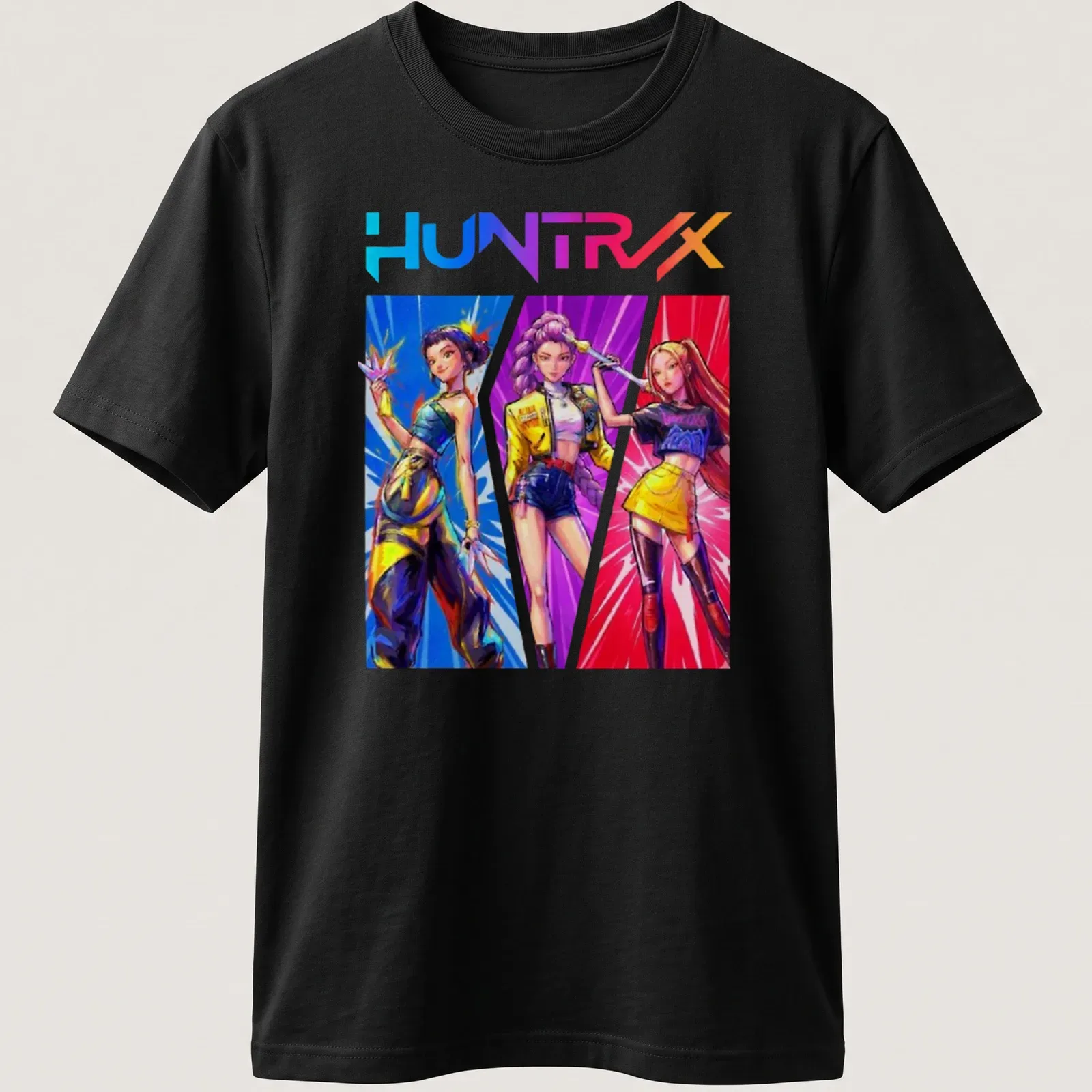Retro print of Kpop Demon Hunters with bold HUNTRX text in vibrant colors — printed on a unisex t-shirt