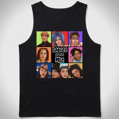 Pop art collage featuring portraits of female hip-hop artists with vibrant colors — printed on a tank top