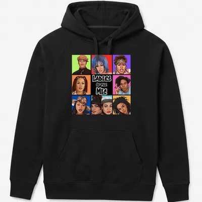 Pop art collage featuring portraits of female hip-hop artists with vibrant colors — printed on a unisex hoodie