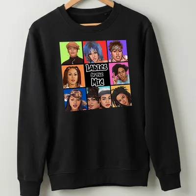 Pop art collage featuring portraits of female hip-hop artists with vibrant colors — printed on a unisex sweatshirt