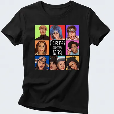 Pop art collage featuring portraits of female hip-hop artists with vibrant colors — printed on a women's shirt