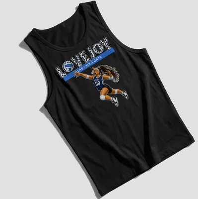 Cartoon print of lady wildcat volleyball player with Lovejoy text in blue and black — printed on a tank top