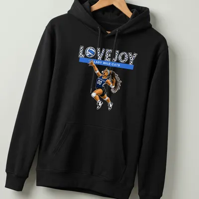 Cartoon print of lady wildcat volleyball player with Lovejoy text in blue and black — printed on a unisex hoodie