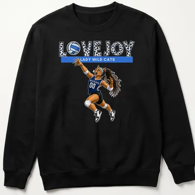 Cartoon print of lady wildcat volleyball player with Lovejoy text in blue and black — printed on a unisex sweatshirt