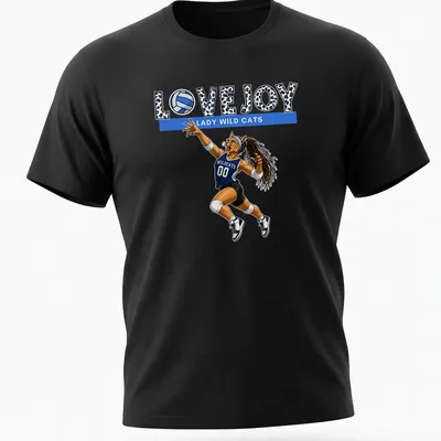 Cartoon print of lady wildcat volleyball player with Lovejoy text in blue and black