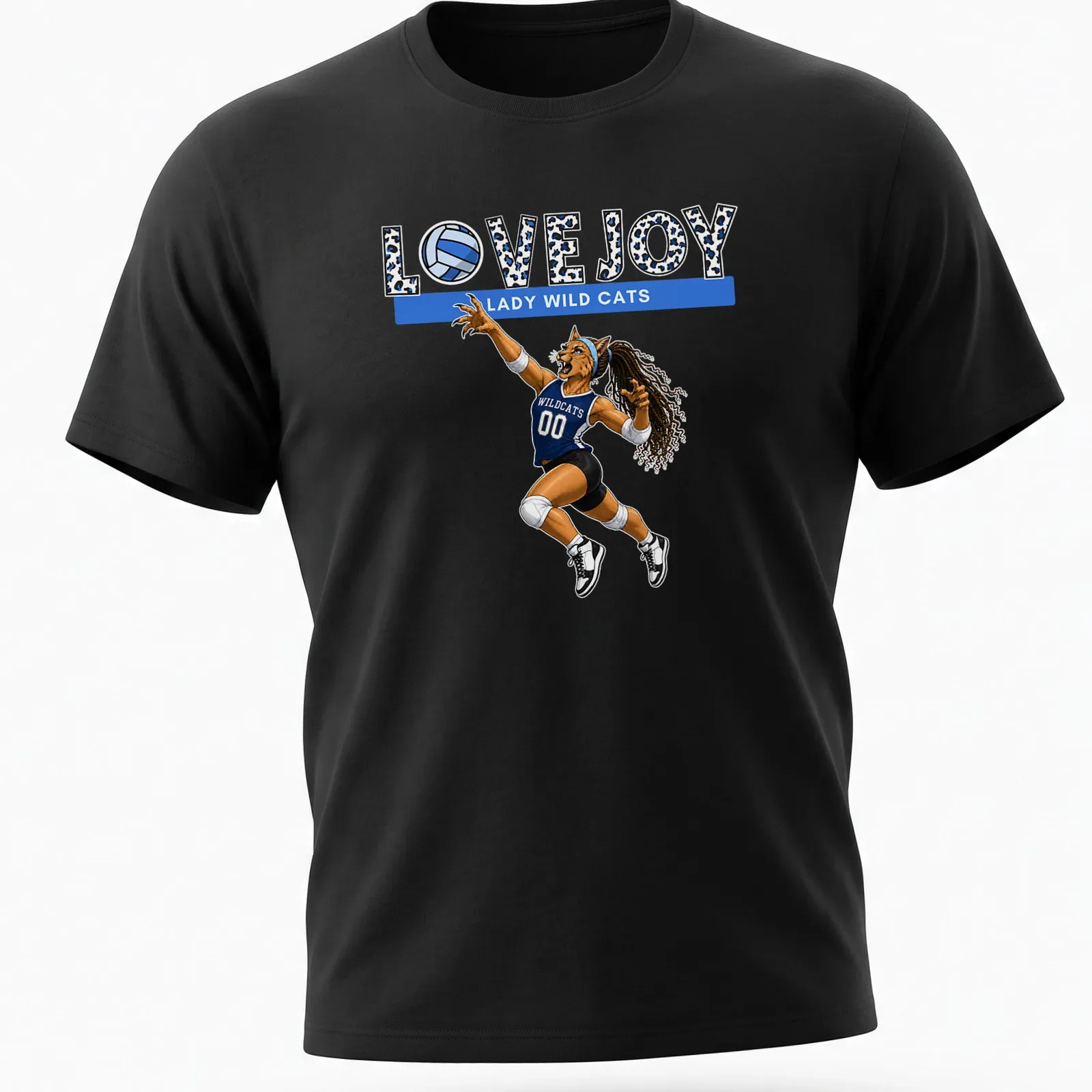 Cartoon print of lady wildcat volleyball player with Lovejoy text in blue and black — printed on a unisex t-shirt