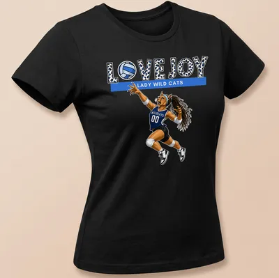 Cartoon print of lady wildcat volleyball player with Lovejoy text in blue and black — printed on a women's shirt