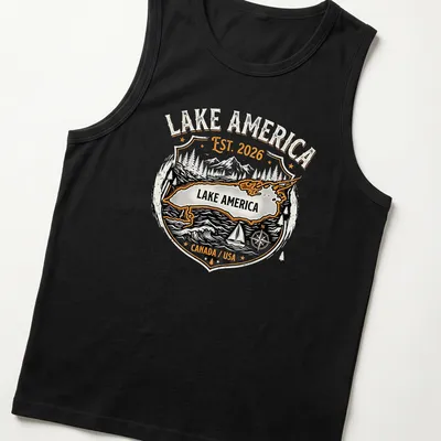 Vintage badge design featuring Lake America with established year in black, orange, and white. — printed on a tank top