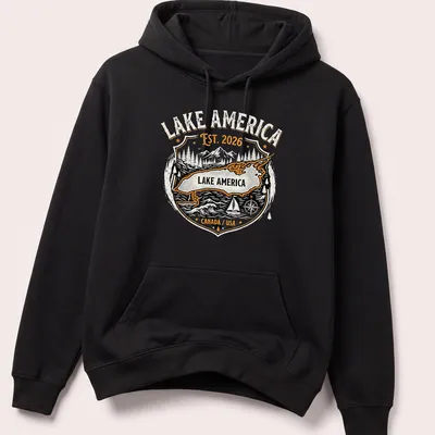 Vintage badge design featuring Lake America with established year in black, orange, and white. — printed on a unisex hoodie