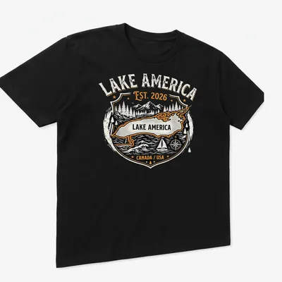 Vintage badge design featuring Lake America with established year in black, orange, and white. — printed on a unisex t-shirt (angled view)